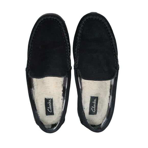 Clarks Shoes Mens 9 Slippers Suede Moccasin Slip On Indoor Outdoor Comfort Black - Picture 6 of 12